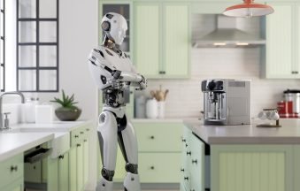 Robot assistant cooking coffee in a kitchen. 3d illustration